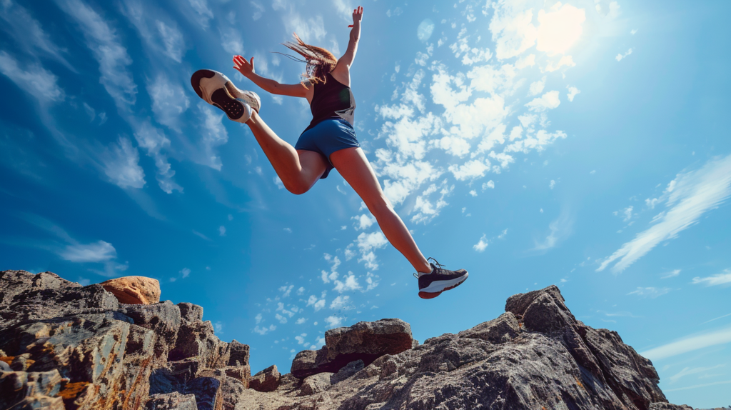 From Artyficial Une femme en tenue de sport saute joyeusement d'un rocher à un autre sous un ciel bleu éclatant. Ses cheveux volent derrière elle, donnant une sensation de mouvement et de liberté. with AI powered