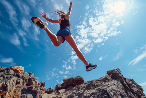 From Artyficial Une femme en tenue de sport saute joyeusement d'un rocher à un autre sous un ciel bleu éclatant. Ses cheveux volent derrière elle, donnant une sensation de mouvement et de liberté. with AI powered