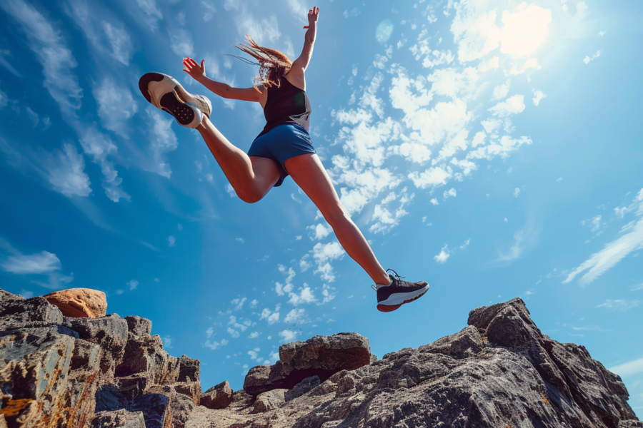 From Artyficial Une femme en tenue de sport saute joyeusement d'un rocher à un autre sous un ciel bleu éclatant. Ses cheveux volent derrière elle, donnant une sensation de mouvement et de liberté. with AI powered