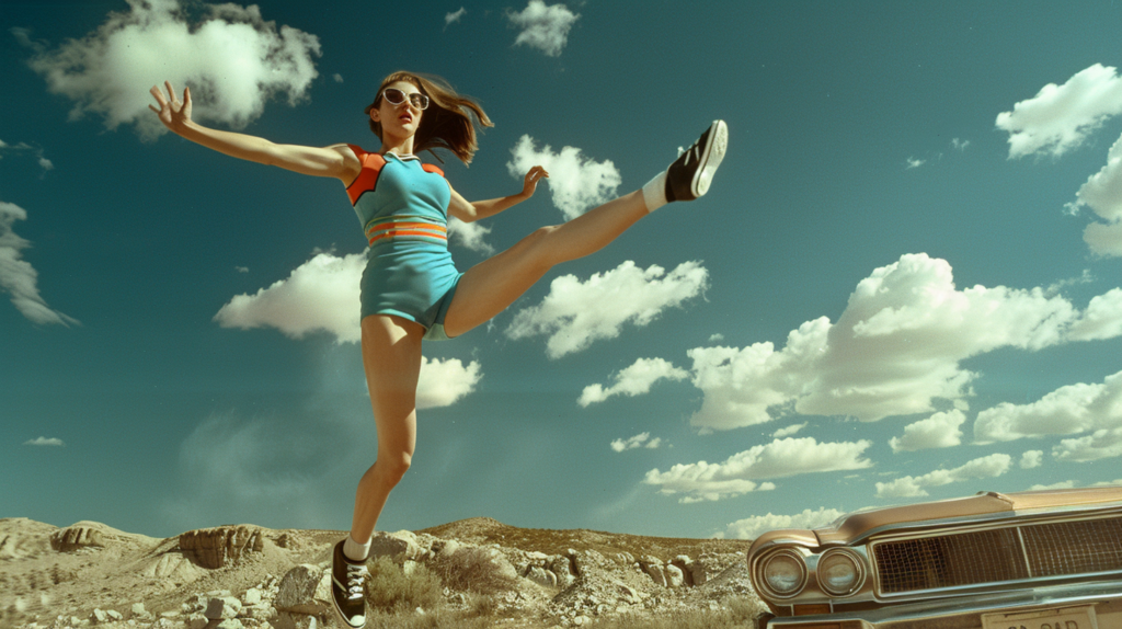 In the image, a young woman is captured mid-air, jumping energetically in a blue dress. She is wearing a pair of sneakers, one foot visible in the foreground of the image. The woman is also sporting glasses, adding a stylish touch to her outfit. The background shows a clear blue sky with fluffy clouds, suggesting a sunny day. The woman''s facial expression cannot be seen as she is mid-jump. The image is vibrant and dynamic, capturing a moment of joy and movement. The overall color palette includes shades of green, blue, and earth tones, creating a harmonious and cheerful composition.