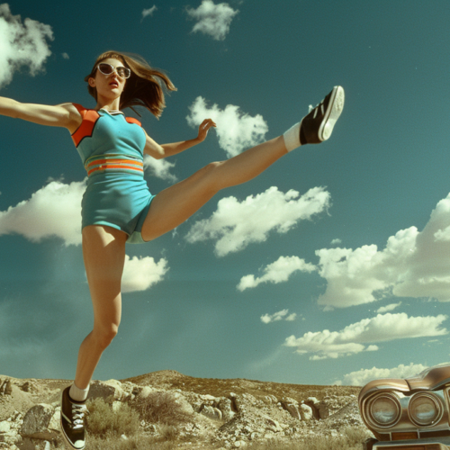 In the image, a young woman is captured mid-air, jumping energetically in a blue dress. She is wearing a pair of sneakers, one foot visible in the foreground of the image. The woman is also sporting glasses, adding a stylish touch to her outfit. The background shows a clear blue sky with fluffy clouds, suggesting a sunny day. The woman''s facial expression cannot be seen as she is mid-jump. The image is vibrant and dynamic, capturing a moment of joy and movement. The overall color palette includes shades of green, blue, and earth tones, creating a harmonious and cheerful composition.
