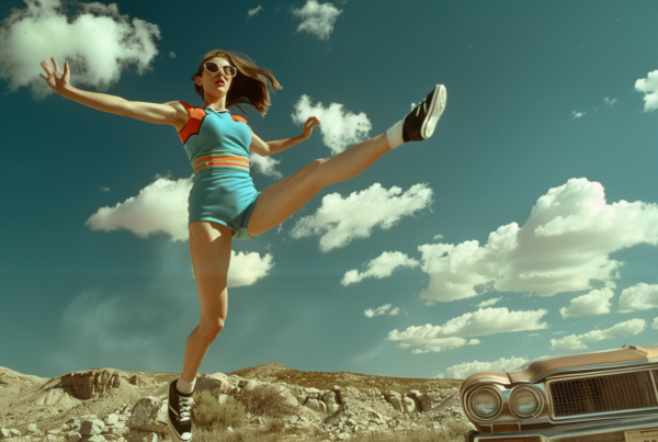In the image, a young woman is captured mid-air, jumping energetically in a blue dress. She is wearing a pair of sneakers, one foot visible in the foreground of the image. The woman is also sporting glasses, adding a stylish touch to her outfit. The background shows a clear blue sky with fluffy clouds, suggesting a sunny day. The woman''s facial expression cannot be seen as she is mid-jump. The image is vibrant and dynamic, capturing a moment of joy and movement. The overall color palette includes shades of green, blue, and earth tones, creating a harmonious and cheerful composition.
