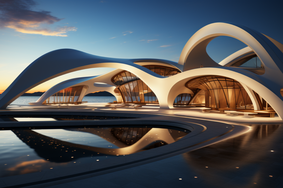 A stunning image of a futuristic house set against a beautiful sunset backdrop. The house features a sleek and modern design with large windows and a spacious patio. In the foreground, there is a luxurious pool reflecting the sky above. The setting sun casts a warm glow over the scene, creating a serene and tranquil atmosphere. The architecture of the house is striking, with clean lines and contemporary elements. The pool adds a touch of luxury and relaxation to the overall setting. This image captures a perfect blend of modern design, natural beauty, and peaceful ambiance.