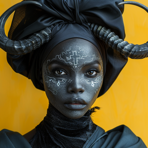 From Artyficial Portrait d'une femme à la peau foncée sur fond jaune vif, ornée d'un grand casque à cornes élaboré et de marques faciales blanches complexes. Son expression est sereine et directe. with AI powered