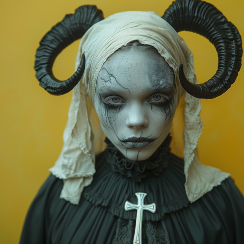 Une personne au maquillage artistique ressemblant à une statue pâle et craquelée, avec de grandes boucles en forme de corne de chaque côté de la tête, portant une robe noire avec un pendentif en forme de croix, sur fond jaune.