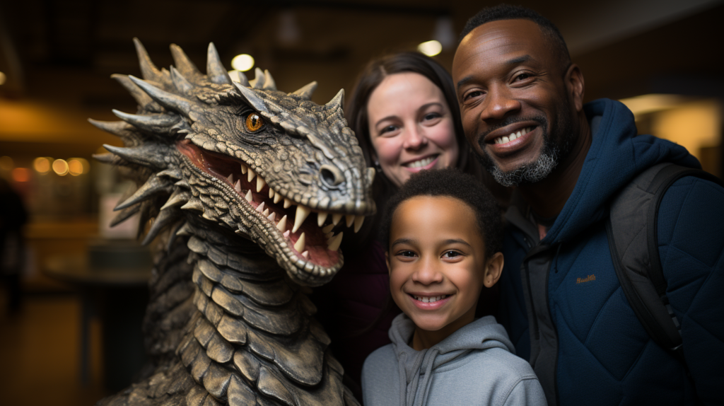 A man and a woman are posing for a picture with a dragon statue creature in what appears to be a museum setting. The man, who is around 34 years old, is wearing a tie and has a big smile on his face. The woman, who is around 30 years old, is also smiling. In the background, there is a young boy, around 11 years old, smiling as well. The scene includes a desk in the background. The primary colors in the image are shades of brown and black, with accents of a lighter brown. The overall mood of the image is joyful and family-oriented