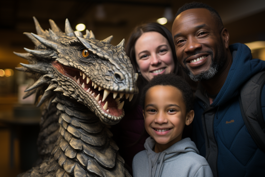 A man and a woman are posing for a picture with a dragon statue creature in what appears to be a museum setting. The man, who is around 34 years old, is wearing a tie and has a big smile on his face. The woman, who is around 30 years old, is also smiling. In the background, there is a young boy, around 11 years old, smiling as well. The scene includes a desk in the background. The primary colors in the image are shades of brown and black, with accents of a lighter brown. The overall mood of the image is joyful and family-oriented