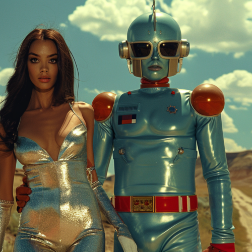 In this image, we see a woman wearing a shiny silver bodysuit standing next to a robot in a desert setting. The woman appears to be in her late 20s and is the primary focus of the image. The robot is also prominently displayed, showcasing futuristic design elements. The woman''s outfit is sleek and form-fitting, while the robot''s design is more mechanical and angular. Additionally, there is a pair of glasses and a belt visible in the image, adding to the overall aesthetic. The color scheme of the image includes shades of blue, red, and silver, contributing to a visually striking composition.