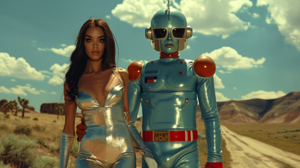 In this image, we see a woman wearing a shiny silver bodysuit standing next to a robot in a desert setting. The woman appears to be in her late 20s and is the primary focus of the image. The robot is also prominently displayed, showcasing futuristic design elements. The woman''s outfit is sleek and form-fitting, while the robot''s design is more mechanical and angular. Additionally, there is a pair of glasses and a belt visible in the image, adding to the overall aesthetic. The color scheme of the image includes shades of blue, red, and silver, contributing to a visually striking composition.