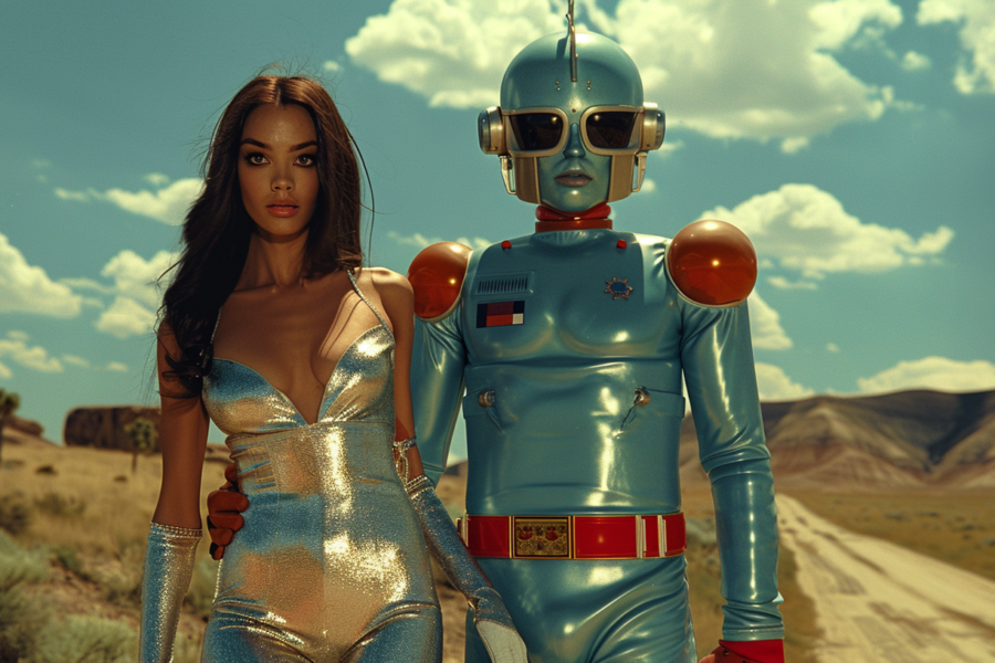 In this image, we see a woman wearing a shiny silver bodysuit standing next to a robot in a desert setting. The woman appears to be in her late 20s and is the primary focus of the image. The robot is also prominently displayed, showcasing futuristic design elements. The woman''s outfit is sleek and form-fitting, while the robot''s design is more mechanical and angular. Additionally, there is a pair of glasses and a belt visible in the image, adding to the overall aesthetic. The color scheme of the image includes shades of blue, red, and silver, contributing to a visually striking composition.