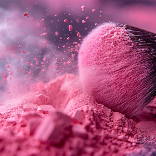In this image, we see a container of pink powdered powder with a brush inside it. The powder appears to be finely milled and ready for use as a cosmetic product. The color of the powder is a soft pink hue, and it is surrounded by a cloud of pink dust. The brush inside the container is likely used for applying the powder onto the skin. The overall aesthetic is feminine and elegant, with a focus on beauty and self-care. The background is a simple and clean pink color, emphasizing the delicate nature of the product.