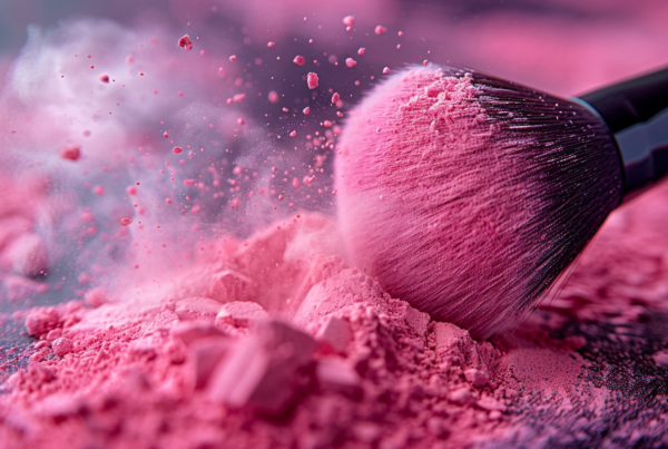 In this image, we see a container of pink powdered powder with a brush inside it. The powder appears to be finely milled and ready for use as a cosmetic product. The color of the powder is a soft pink hue, and it is surrounded by a cloud of pink dust. The brush inside the container is likely used for applying the powder onto the skin. The overall aesthetic is feminine and elegant, with a focus on beauty and self-care. The background is a simple and clean pink color, emphasizing the delicate nature of the product.