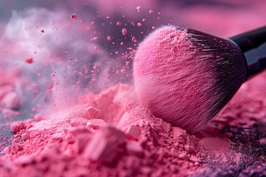 In this image, we see a container of pink powdered powder with a brush inside it. The powder appears to be finely milled and ready for use as a cosmetic product. The color of the powder is a soft pink hue, and it is surrounded by a cloud of pink dust. The brush inside the container is likely used for applying the powder onto the skin. The overall aesthetic is feminine and elegant, with a focus on beauty and self-care. The background is a simple and clean pink color, emphasizing the delicate nature of the product.