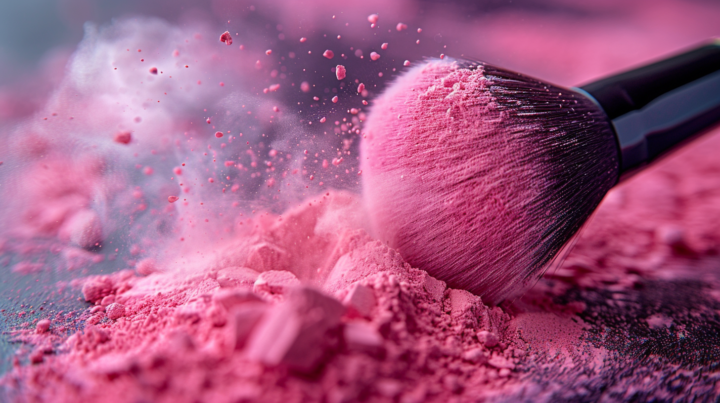 In this image, we see a container of pink powdered powder with a brush inside it. The powder appears to be finely milled and ready for use as a cosmetic product. The color of the powder is a soft pink hue, and it is surrounded by a cloud of pink dust. The brush inside the container is likely used for applying the powder onto the skin. The overall aesthetic is feminine and elegant, with a focus on beauty and self-care. The background is a simple and clean pink color, emphasizing the delicate nature of the product.