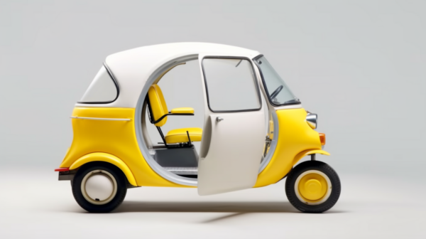 A small yellow and white car is depicted in the image, with a door open. The car has a yellow seat visible inside, and there is a black handlebar present. Additionally, there is a chair shown in the image next to the car. The primary colors in the image are yellow, white, and black, with accents of gold. The setting appears to be outdoors, with a man standing near the car. The image is clear and detailed, allowing for easy identification of the objects and colors present.