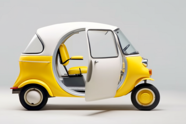 A small yellow and white car is depicted in the image, with a door open. The car has a yellow seat visible inside, and there is a black handlebar present. Additionally, there is a chair shown in the image next to the car. The primary colors in the image are yellow, white, and black, with accents of gold. The setting appears to be outdoors, with a man standing near the car. The image is clear and detailed, allowing for easy identification of the objects and colors present.