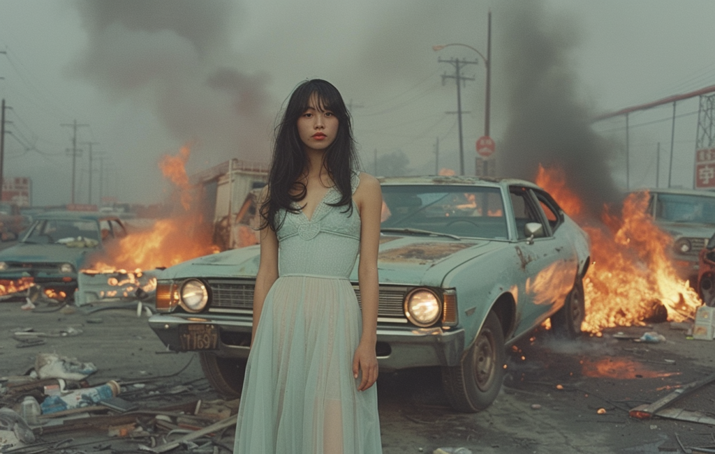A Woman In A Dress Standing In Front Of A Car. The Image Is A Woman In A Dress Standing In Front Of A Car. A Car On Fire With Flames In The Background. A Blurry Photo Of A Car On Fire. The Image Is A Woman Standing In Front Of A Car. A Woman Standing In Front Of A Car With Flames In The Background. A Woman In A Dress Standing In Front Of A Car With Flames In The Background. The Dress Is A Little Bit Of A Bit Of A Lot Of Color