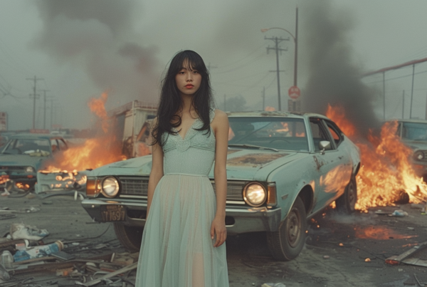 A Woman In A Dress Standing In Front Of A Car. The Image Is A Woman In A Dress Standing In Front Of A Car. A Car On Fire With Flames In The Background. A Blurry Photo Of A Car On Fire. The Image Is A Woman Standing In Front Of A Car. A Woman Standing In Front Of A Car With Flames In The Background. A Woman In A Dress Standing In Front Of A Car With Flames In The Background. The Dress Is A Little Bit Of A Bit Of A Lot Of Color