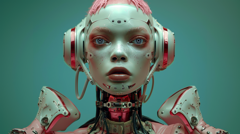 A digital painting of a young woman wearing headphones and a vibrant pink dress. The woman''s face is partially obscured by a robot helmet, giving her a futuristic and edgy look. She has long flowing hair and is standing confidently in a stylish pose. The robot helmet is intricately designed with wires and cables, adding to the sci-fi theme of the image. The color palette features shades of green, brown, and black, with a pop of red for contrast. The overall composition is visually striking and combines elements of technology and fashion seamlessly.