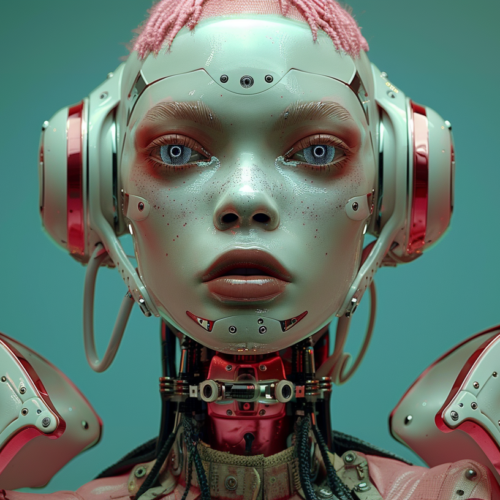 A digital painting of a young woman wearing headphones and a vibrant pink dress. The woman''s face is partially obscured by a robot helmet, giving her a futuristic and edgy look. She has long flowing hair and is standing confidently in a stylish pose. The robot helmet is intricately designed with wires and cables, adding to the sci-fi theme of the image. The color palette features shades of green, brown, and black, with a pop of red for contrast. The overall composition is visually striking and combines elements of technology and fashion seamlessly.