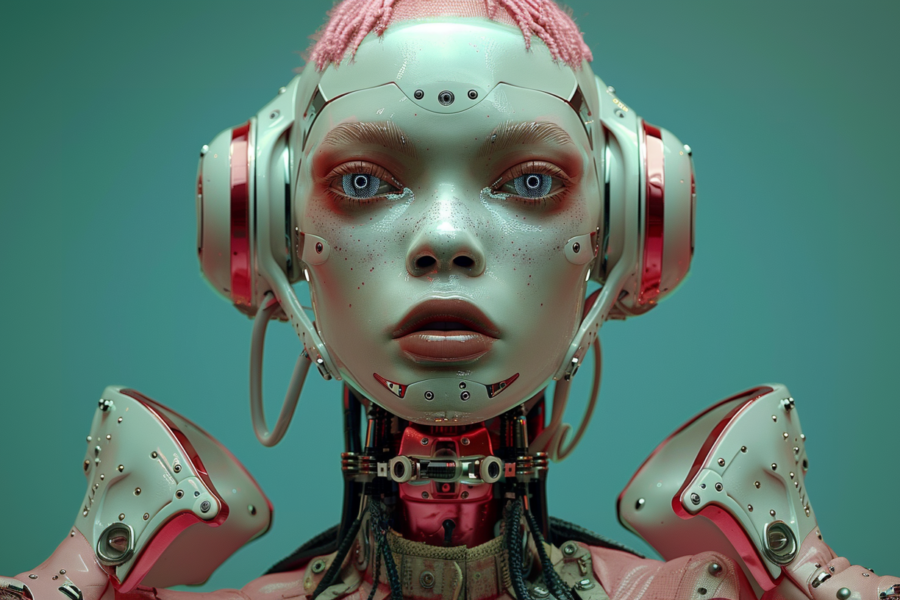 A digital painting of a young woman wearing headphones and a vibrant pink dress. The woman''s face is partially obscured by a robot helmet, giving her a futuristic and edgy look. She has long flowing hair and is standing confidently in a stylish pose. The robot helmet is intricately designed with wires and cables, adding to the sci-fi theme of the image. The color palette features shades of green, brown, and black, with a pop of red for contrast. The overall composition is visually striking and combines elements of technology and fashion seamlessly.
