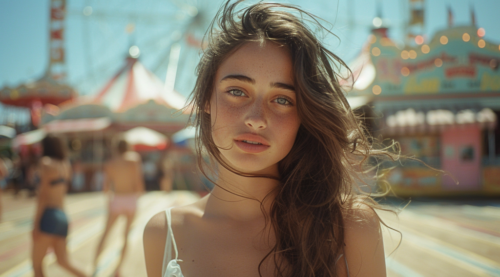A Woman With Long Hair Standing In Front Of A Carnival.