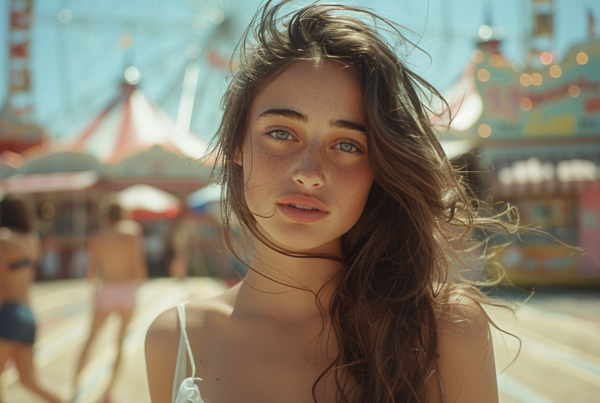 A Woman With Long Hair Standing In Front Of A Carnival.