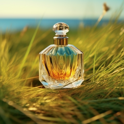 Flacon de parfum basique entre campagne et mer