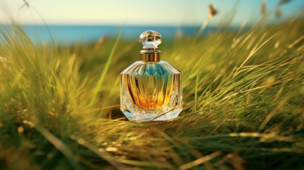 Flacon de parfum basique entre campagne et mer