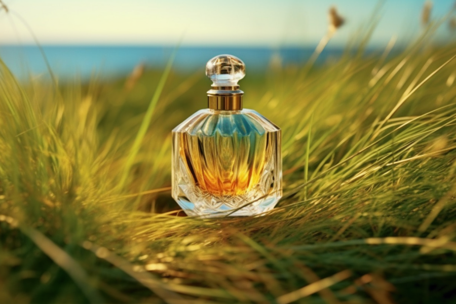 Flacon de parfum basique entre campagne et mer