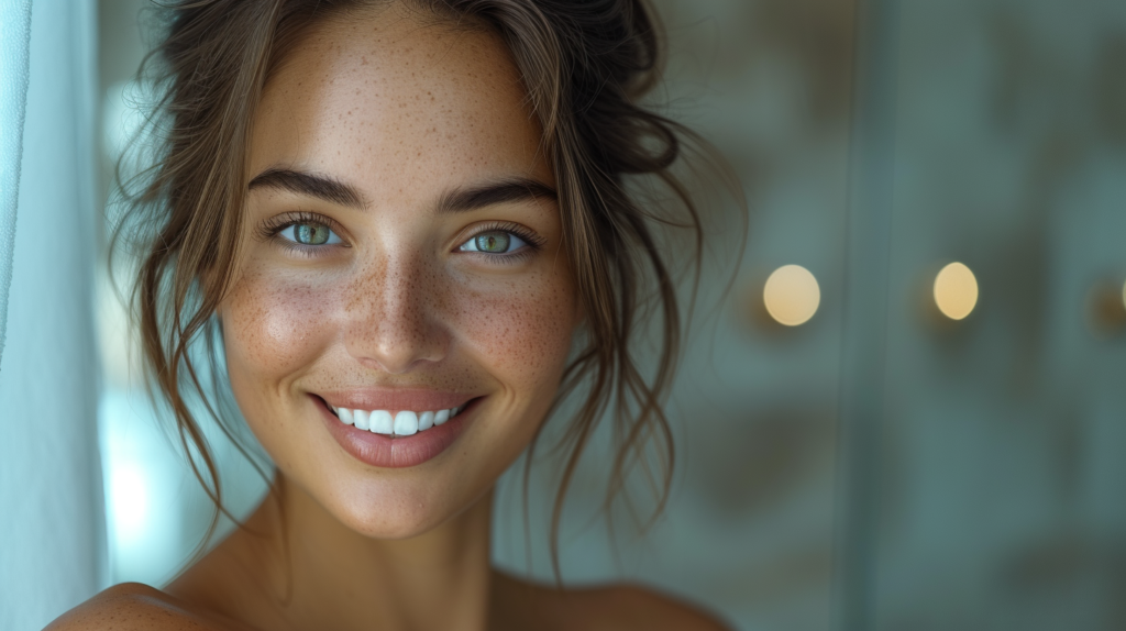 In this image, we see a 29-year-old female with freckles on her face, smiling brightly. She has brown hair and a beautiful smile that lights up her face. The woman''s complexion is fair, with a sprinkling of freckles adding to her charm. Her joyful expression exudes warmth and positivity. The focus is on her face, showcasing her features and unique beauty. The background is soft and neutral, allowing the viewer to fully appreciate the woman''s natural beauty. The image captures a moment of happiness and confidence, making it a captivating portrait.