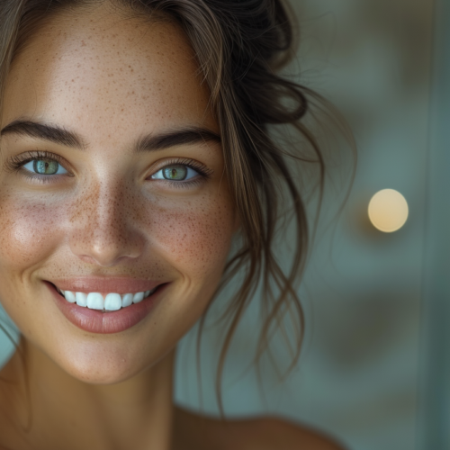 In this image, we see a 29-year-old female with freckles on her face, smiling brightly. She has brown hair and a beautiful smile that lights up her face. The woman''s complexion is fair, with a sprinkling of freckles adding to her charm. Her joyful expression exudes warmth and positivity. The focus is on her face, showcasing her features and unique beauty. The background is soft and neutral, allowing the viewer to fully appreciate the woman''s natural beauty. The image captures a moment of happiness and confidence, making it a captivating portrait.
