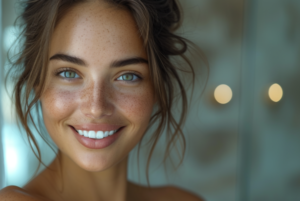 In this image, we see a 29-year-old female with freckles on her face, smiling brightly. She has brown hair and a beautiful smile that lights up her face. The woman''s complexion is fair, with a sprinkling of freckles adding to her charm. Her joyful expression exudes warmth and positivity. The focus is on her face, showcasing her features and unique beauty. The background is soft and neutral, allowing the viewer to fully appreciate the woman''s natural beauty. The image captures a moment of happiness and confidence, making it a captivating portrait.