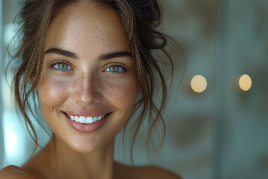 In this image, we see a 29-year-old female with freckles on her face, smiling brightly. She has brown hair and a beautiful smile that lights up her face. The woman''s complexion is fair, with a sprinkling of freckles adding to her charm. Her joyful expression exudes warmth and positivity. The focus is on her face, showcasing her features and unique beauty. The background is soft and neutral, allowing the viewer to fully appreciate the woman''s natural beauty. The image captures a moment of happiness and confidence, making it a captivating portrait.