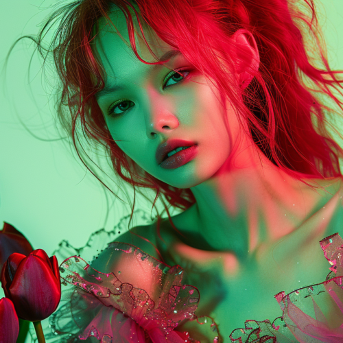 A young girl with red hair is standing in a field of vibrant pink tulips, wearing a flowing pink dress that matches the flowers around her. She is posing for a picture, looking directly at the camera with a serene expression. The background is a lush green garden, adding to the colorful and peaceful atmosphere of the scene. The girl''s long red hair falls in loose waves around her shoulders, complementing the overall soft and feminine aesthetic of the image. The bright colors of the flowers and her dress create a visually striking contrast against the greenery of the garden.