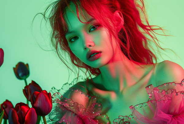 A young girl with red hair is standing in a field of vibrant pink tulips, wearing a flowing pink dress that matches the flowers around her. She is posing for a picture, looking directly at the camera with a serene expression. The background is a lush green garden, adding to the colorful and peaceful atmosphere of the scene. The girl''s long red hair falls in loose waves around her shoulders, complementing the overall soft and feminine aesthetic of the image. The bright colors of the flowers and her dress create a visually striking contrast against the greenery of the garden.