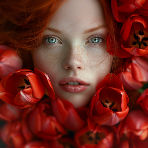 A striking image of a young woman with fiery red hair and piercing blue eyes, surrounded by a vibrant display of red tulips. She has a delicate sprinkling of freckles across her face, adding to her natural beauty. The focus is on her captivating features, highlighted by the contrast of the red flowers against her fair skin. Her expression is serene yet enigmatic, drawing the viewer in to admire the unique combination of colors and textures in this portrait. The overall composition exudes a sense of elegance and grace, making it a truly captivating sight to behold.
