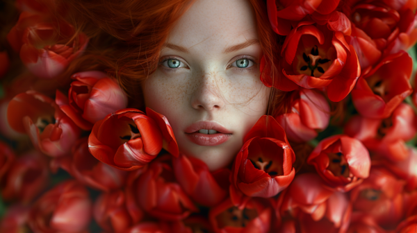 A striking image of a young woman with fiery red hair and piercing blue eyes, surrounded by a vibrant display of red tulips. She has a delicate sprinkling of freckles across her face, adding to her natural beauty. The focus is on her captivating features, highlighted by the contrast of the red flowers against her fair skin. Her expression is serene yet enigmatic, drawing the viewer in to admire the unique combination of colors and textures in this portrait. The overall composition exudes a sense of elegance and grace, making it a truly captivating sight to behold.