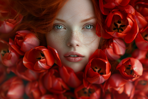 A striking image of a young woman with fiery red hair and piercing blue eyes, surrounded by a vibrant display of red tulips. She has a delicate sprinkling of freckles across her face, adding to her natural beauty. The focus is on her captivating features, highlighted by the contrast of the red flowers against her fair skin. Her expression is serene yet enigmatic, drawing the viewer in to admire the unique combination of colors and textures in this portrait. The overall composition exudes a sense of elegance and grace, making it a truly captivating sight to behold.
