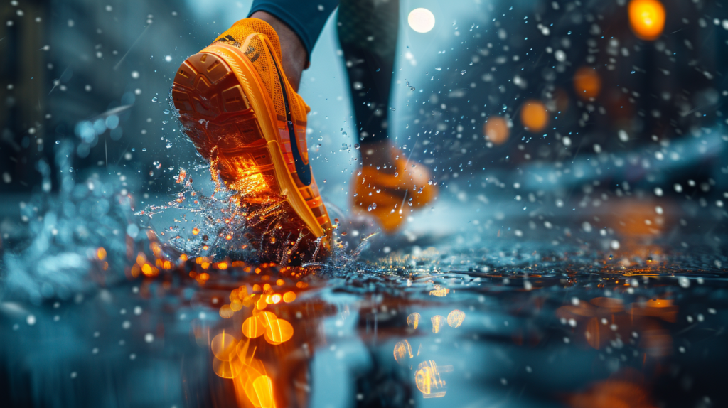 In this image, we see a person walking in the rain wearing orange sneakers. The person is walking on a wet surface, and their orange shoes stand out against the dark, rainy backdrop. The image captures the moment perfectly, showcasing the contrast between the vibrant orange shoes and the gloomy weather. Additionally, there is a baseball glove visible in the foreground, adding an interesting element to the composition. The overall mood of the image is one of resilience and determination, as the person continues to walk despite the rain