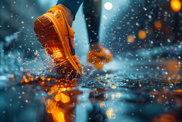 In this image, we see a person walking in the rain wearing orange sneakers. The person is walking on a wet surface, and their orange shoes stand out against the dark, rainy backdrop. The image captures the moment perfectly, showcasing the contrast between the vibrant orange shoes and the gloomy weather. Additionally, there is a baseball glove visible in the foreground, adding an interesting element to the composition. The overall mood of the image is one of resilience and determination, as the person continues to walk despite the rain