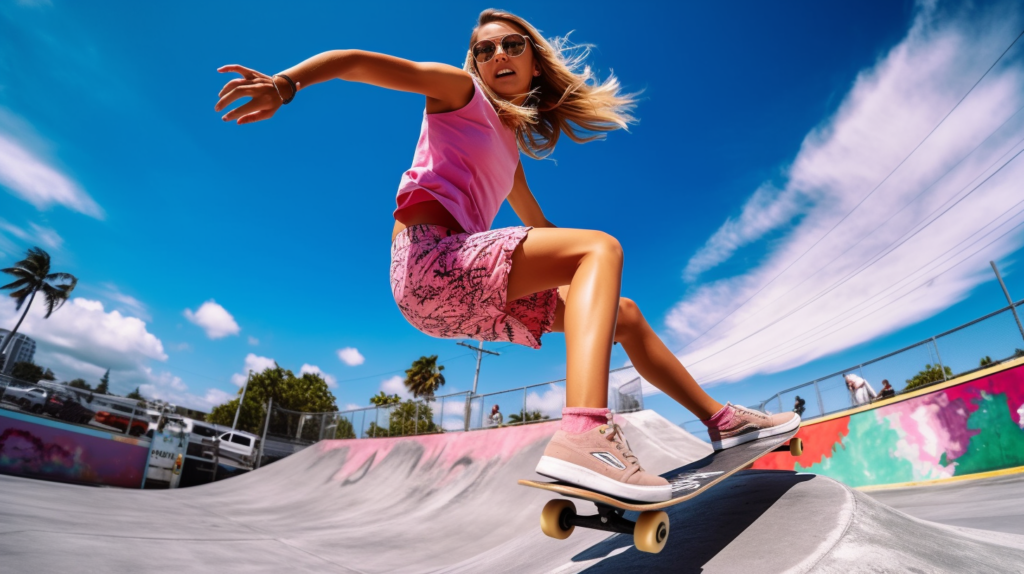 A woman wearing a pink shirt and skirt is skillfully riding a skateboard down a ramp. She is accompanied by another person in the background. The woman''s sneakers are visible as she confidently maneuvers the skateboard. Additionally, there are glasses and a bracelet in the image. The skateboard itself is prominently featured, showcasing its design and color scheme. The overall color palette of the scene includes shades of blue, pink, and brown. The setting appears to be an outdoor skate park with a clear sky in the background.