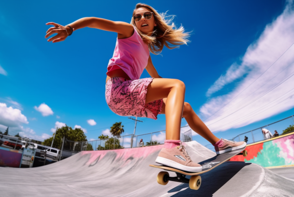A woman wearing a pink shirt and skirt is skillfully riding a skateboard down a ramp. She is accompanied by another person in the background. The woman''s sneakers are visible as she confidently maneuvers the skateboard. Additionally, there are glasses and a bracelet in the image. The skateboard itself is prominently featured, showcasing its design and color scheme. The overall color palette of the scene includes shades of blue, pink, and brown. The setting appears to be an outdoor skate park with a clear sky in the background.
