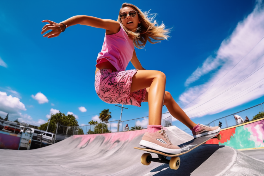 A woman wearing a pink shirt and skirt is skillfully riding a skateboard down a ramp. She is accompanied by another person in the background. The woman''s sneakers are visible as she confidently maneuvers the skateboard. Additionally, there are glasses and a bracelet in the image. The skateboard itself is prominently featured, showcasing its design and color scheme. The overall color palette of the scene includes shades of blue, pink, and brown. The setting appears to be an outdoor skate park with a clear sky in the background.