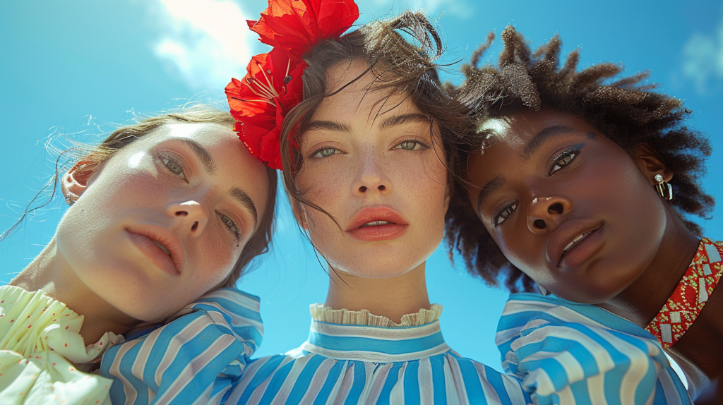 In this image, we see three young women with different hair colors, each adorned with a vibrant red flower on their head. The women are standing outdoors under a bright blue sky. One of the women has freckles and is wearing a tie. The focus is on a woman''s face with the red flower in her hair, showcasing her unique beauty. The women appear joyful and stylish, exuding confidence and individuality. The image captures a moment of friendship and celebration, with the red flowers symbolizing beauty and nature.