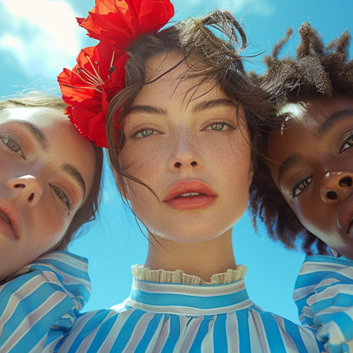 In this image, we see three young women with different hair colors, each adorned with a vibrant red flower on their head. The women are standing outdoors under a bright blue sky. One of the women has freckles and is wearing a tie. The focus is on a woman''s face with the red flower in her hair, showcasing her unique beauty. The women appear joyful and stylish, exuding confidence and individuality. The image captures a moment of friendship and celebration, with the red flowers symbolizing beauty and nature.