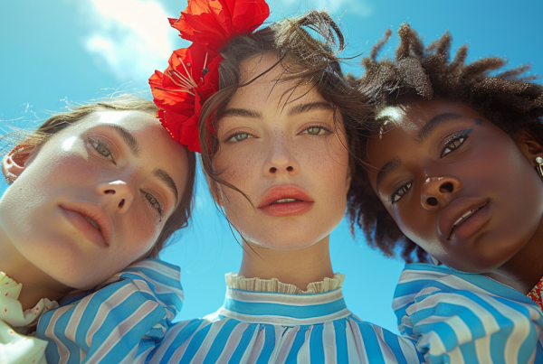 In this image, we see three young women with different hair colors, each adorned with a vibrant red flower on their head. The women are standing outdoors under a bright blue sky. One of the women has freckles and is wearing a tie. The focus is on a woman''s face with the red flower in her hair, showcasing her unique beauty. The women appear joyful and stylish, exuding confidence and individuality. The image captures a moment of friendship and celebration, with the red flowers symbolizing beauty and nature.