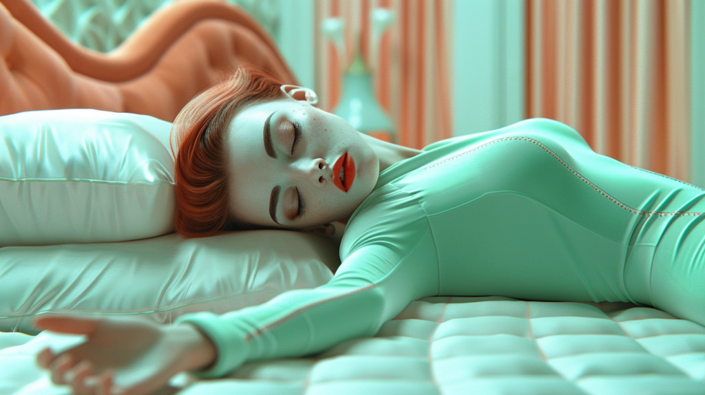 In the image, a woman with red hair is laying on a comfortable bed with her eyes closed. She is wearing a green bodysuit and appears to be peacefully sleeping. The bed is made with a light green mattress and a fluffy pillow. The woman''s face is serene, with red lips adding a pop of color to the scene. The overall color scheme of the image is calming, with shades of green and earth tones dominating the composition. The woman''s posture suggests relaxation and rest, creating a tranquil atmosphere in the room.