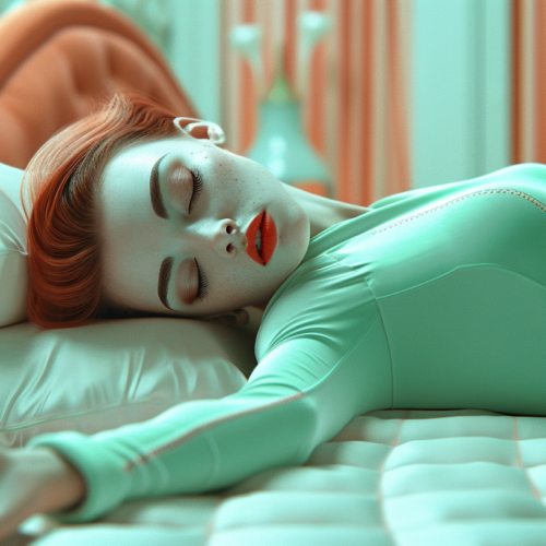 In the image, a woman with red hair is laying on a comfortable bed with her eyes closed. She is wearing a green bodysuit and appears to be peacefully sleeping. The bed is made with a light green mattress and a fluffy pillow. The woman''s face is serene, with red lips adding a pop of color to the scene. The overall color scheme of the image is calming, with shades of green and earth tones dominating the composition. The woman''s posture suggests relaxation and rest, creating a tranquil atmosphere in the room.