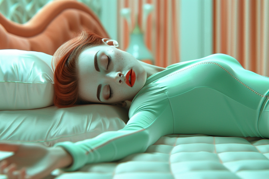 In the image, a woman with red hair is laying on a comfortable bed with her eyes closed. She is wearing a green bodysuit and appears to be peacefully sleeping. The bed is made with a light green mattress and a fluffy pillow. The woman''s face is serene, with red lips adding a pop of color to the scene. The overall color scheme of the image is calming, with shades of green and earth tones dominating the composition. The woman''s posture suggests relaxation and rest, creating a tranquil atmosphere in the room.